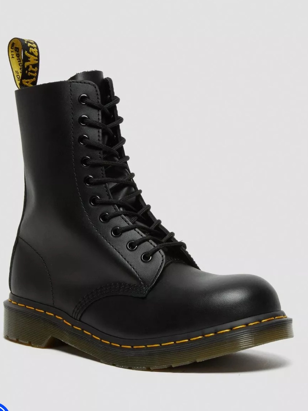 Dr. Martens Black 10-Eye Leather Combat Boots with Yellow Stitching